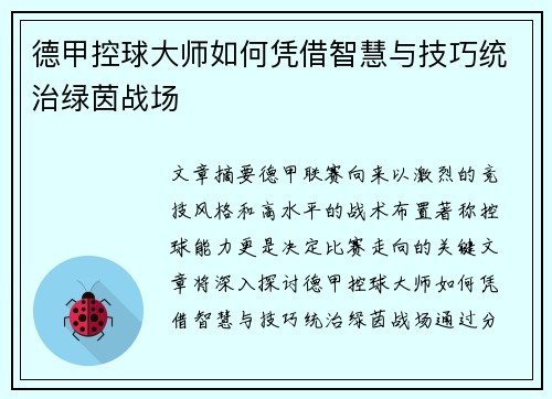 德甲控球大师如何凭借智慧与技巧统治绿茵战场
