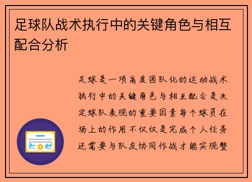 足球队战术执行中的关键角色与相互配合分析