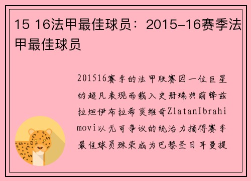 15 16法甲最佳球员：2015-16赛季法甲最佳球员