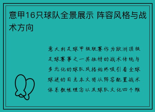 意甲16只球队全景展示 阵容风格与战术方向